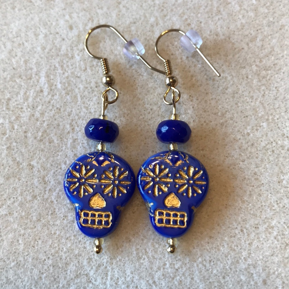 Blue Czech glass sugar skull earrings
